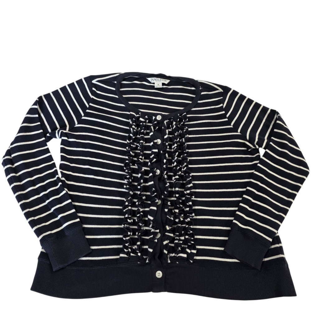 Pendleton Cardigan Sweater Womens Navy White Striped M Ruffle Cotton Long Sleeve